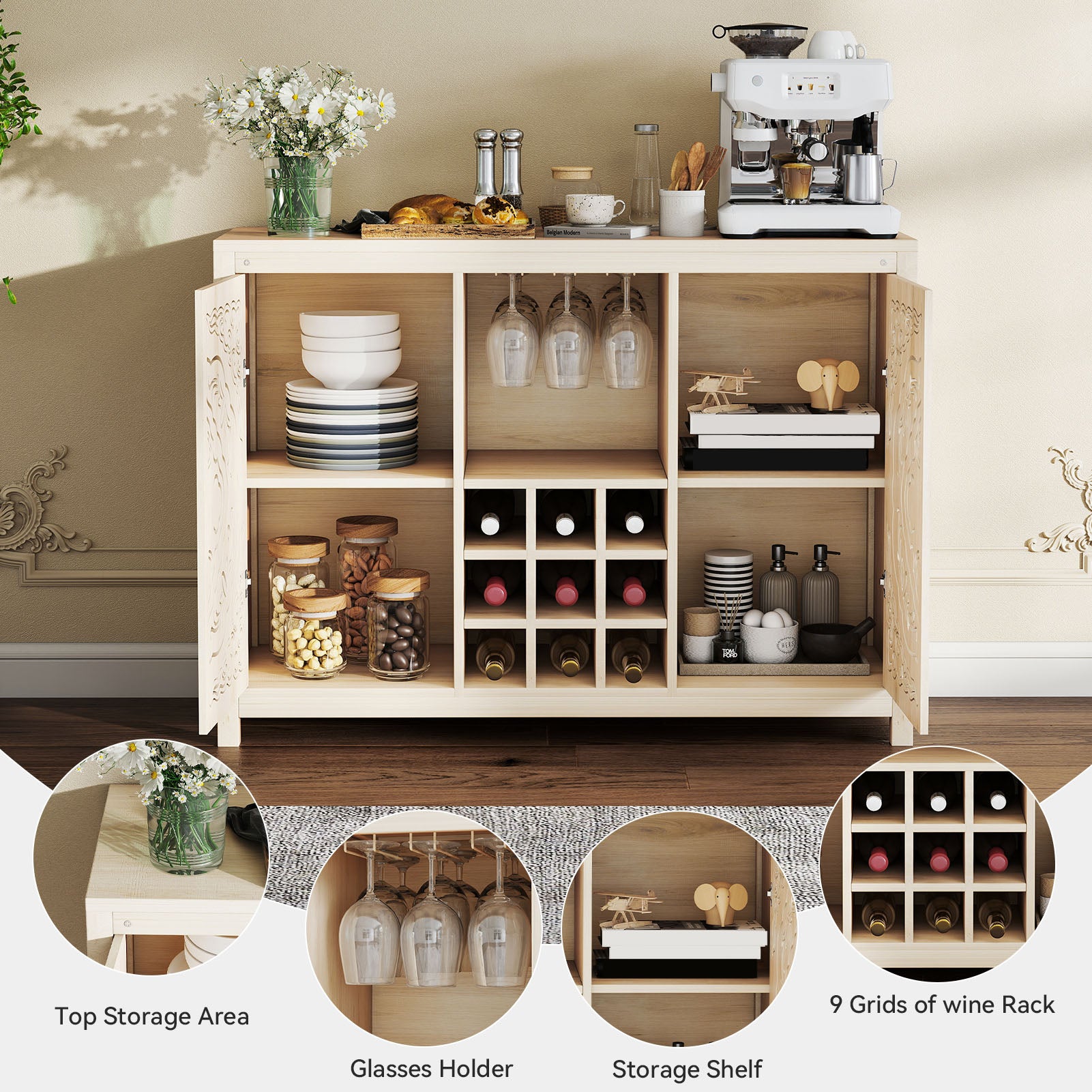 Wine Bar Cabinet with 2 Doors MDF Buffet Storage Liquor Cabinet with Wine Rack and Glass Holder for Living Dining Room Kitchen Wood Color