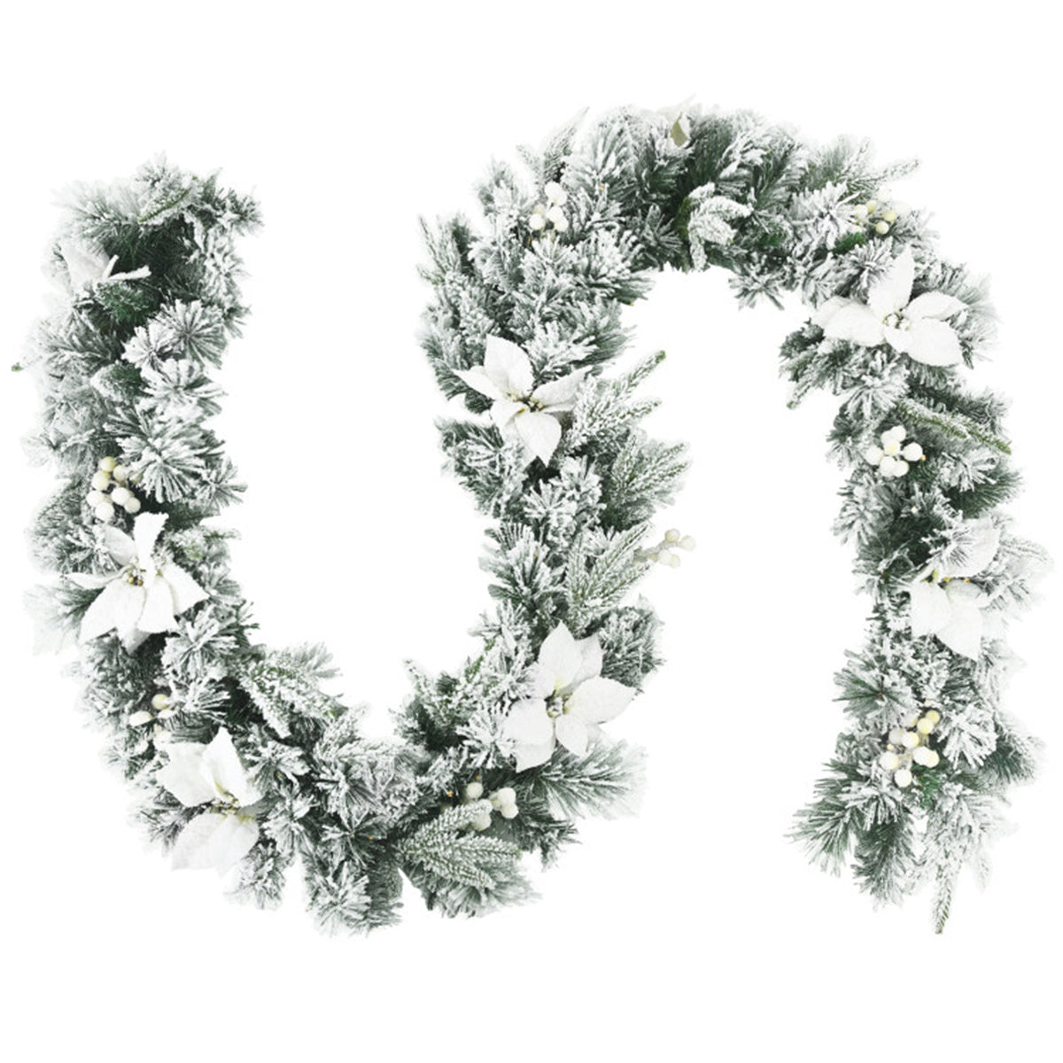 AEELLEEA 9FT Pre-Lit Snow Flocked Christmas Garland, Artificial Greenery with White Poinsettia & Berries for Fireplace Stair Railing Holiday Decor