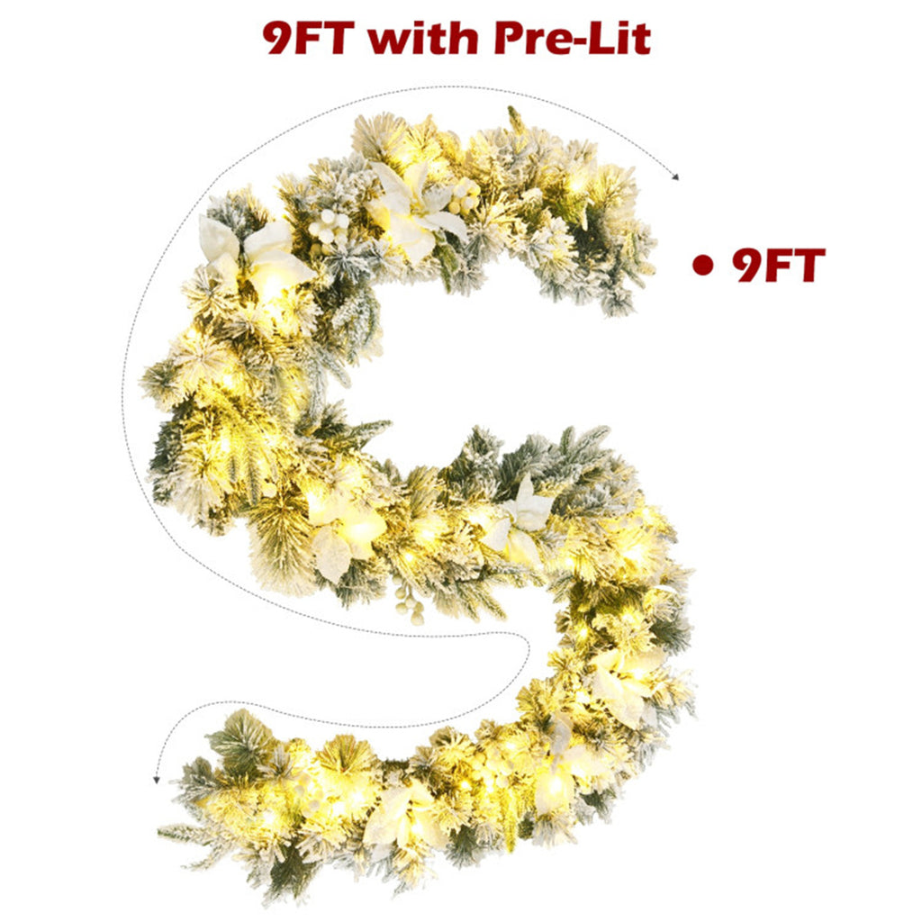 AEELLEEA 9FT Pre-Lit Snow Flocked Christmas Garland, Artificial Greenery with White Poinsettia & Berries for Fireplace Stair Railing Holiday Decor