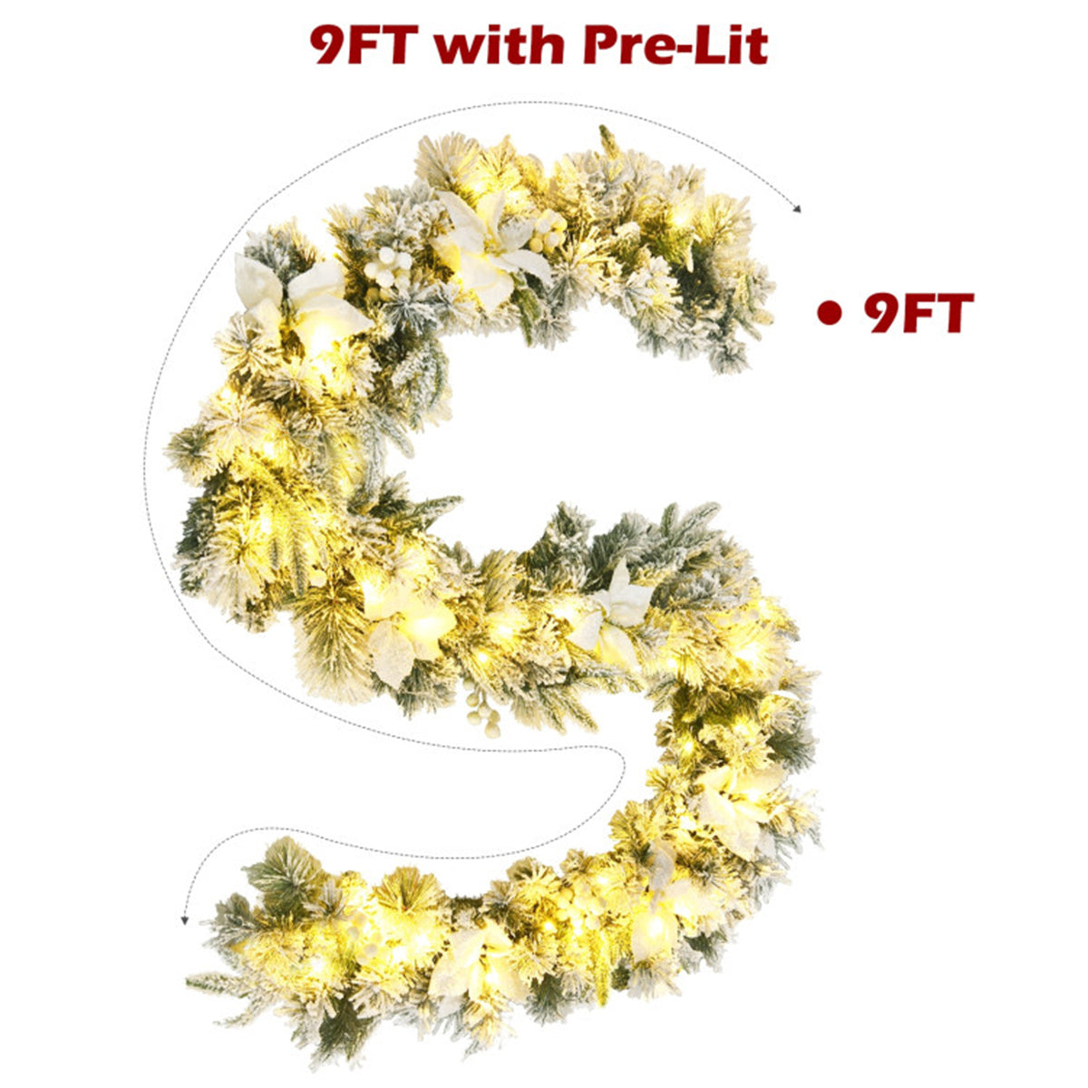 AEELLEEA 9FT Pre-Lit Snow Flocked Christmas Garland, Artificial Greenery with White Poinsettia & Berries for Fireplace Stair Railing Holiday Decor