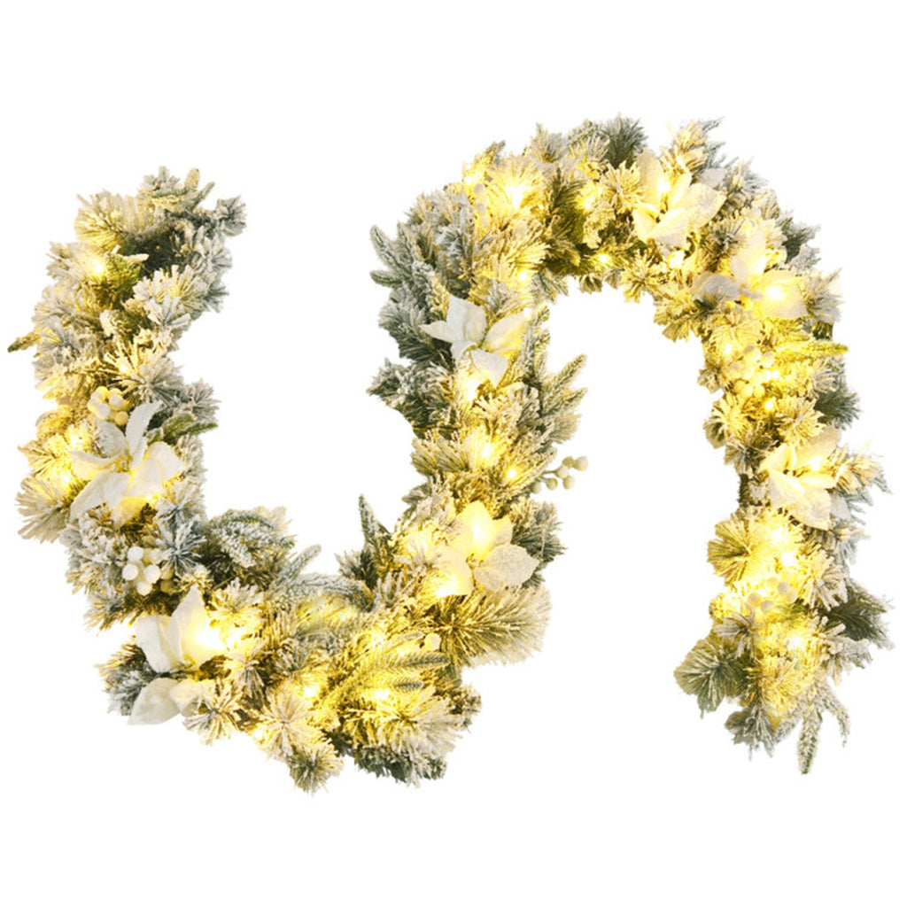 AEELLEEA 9FT Pre-Lit Snow Flocked Christmas Garland, Artificial Greenery with White Poinsettia & Berries for Fireplace Stair Railing Holiday Decor