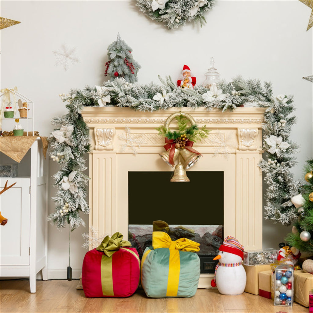 AEELLEEA 9FT Pre-Lit Snow Flocked Christmas Garland, Artificial Greenery with White Poinsettia & Berries for Fireplace Stair Railing Holiday Decor