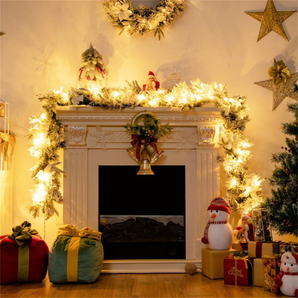AEELLEEA 9FT Pre-Lit Snow Flocked Christmas Garland, Artificial Greenery with White Poinsettia & Berries for Fireplace Stair Railing Holiday Decor