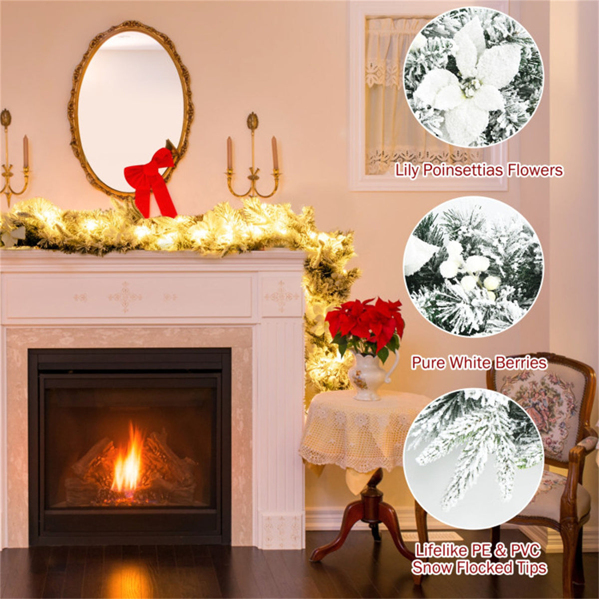 AEELLEEA 9FT Pre-Lit Snow Flocked Christmas Garland, Artificial Greenery with White Poinsettia & Berries for Fireplace Stair Railing Holiday Decor