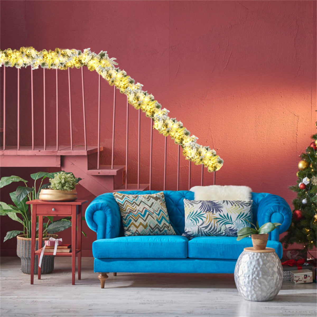 AEELLEEA 9FT Pre-Lit Snow Flocked Christmas Garland, Artificial Greenery with White Poinsettia & Berries for Fireplace Stair Railing Holiday Decor