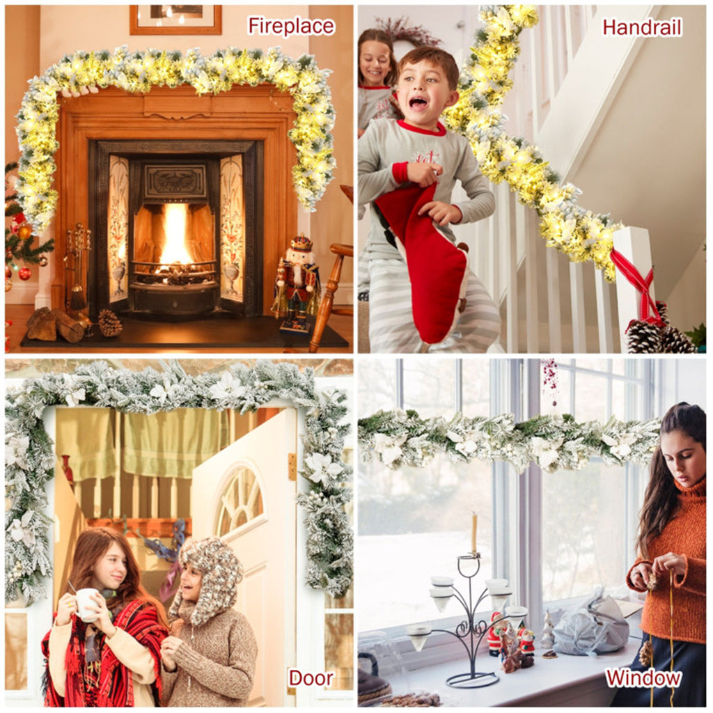 AEELLEEA 9FT Pre-Lit Snow Flocked Christmas Garland, Artificial Greenery with White Poinsettia & Berries for Fireplace Stair Railing Holiday Decor