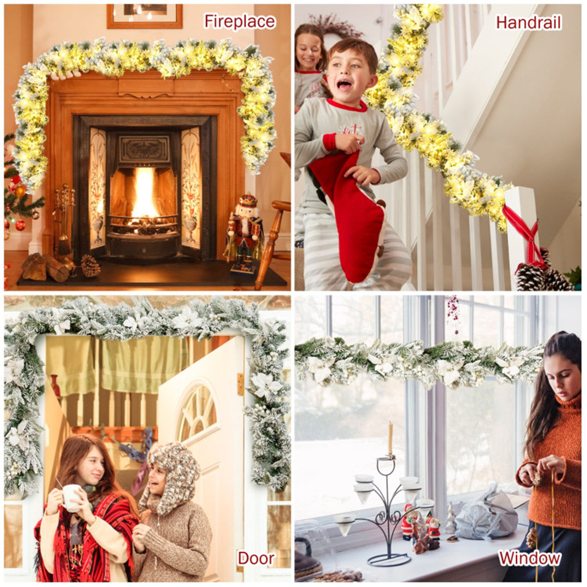 AEELLEEA 9FT Pre-Lit Snow Flocked Christmas Garland, Artificial Greenery with White Poinsettia & Berries for Fireplace Stair Railing Holiday Decor