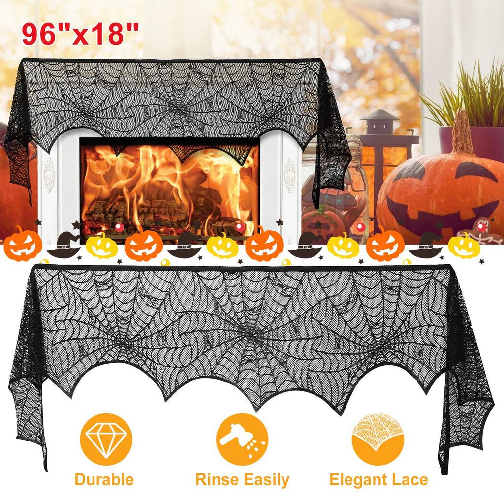 2 Pack Halloween Mantle Scarf, 96"x 18" Black Lace Spider Web Mantel Cover, Bat Spider Pattern Fireplace Scarf for Halloween Party Decor