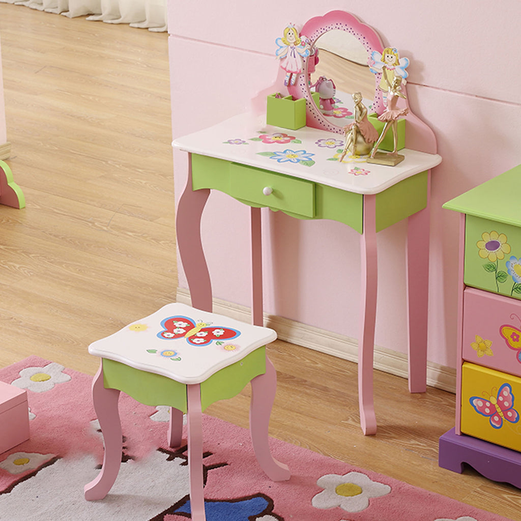 Kids Vanity Set with Mirror Drawer Flower Fairy Design Wooden Toddler Girls Makeup Dressing Table Chair Set for Over 3 Years Kids