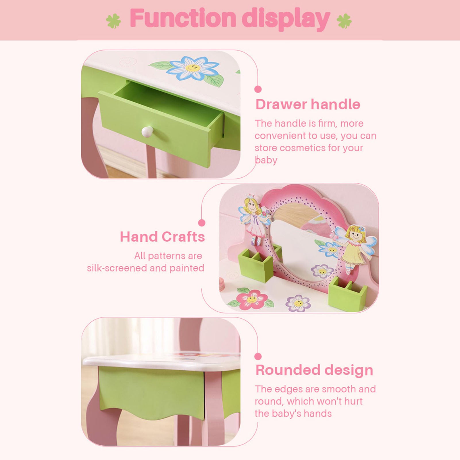 Kids Vanity Set with Mirror Drawer Flower Fairy Design Wooden Toddler Girls Makeup Dressing Table Chair Set for Over 3 Years Kids