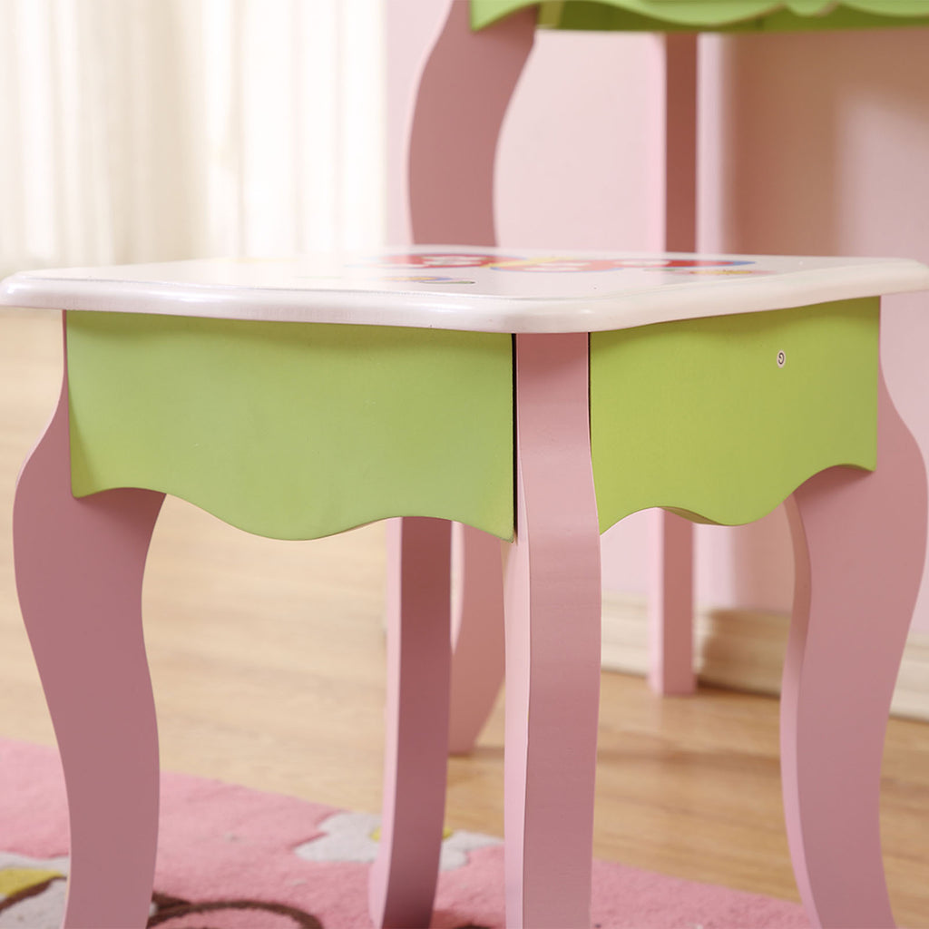 Kids Vanity Set with Mirror Drawer Flower Fairy Design Wooden Toddler Girls Makeup Dressing Table Chair Set for Over 3 Years Kids