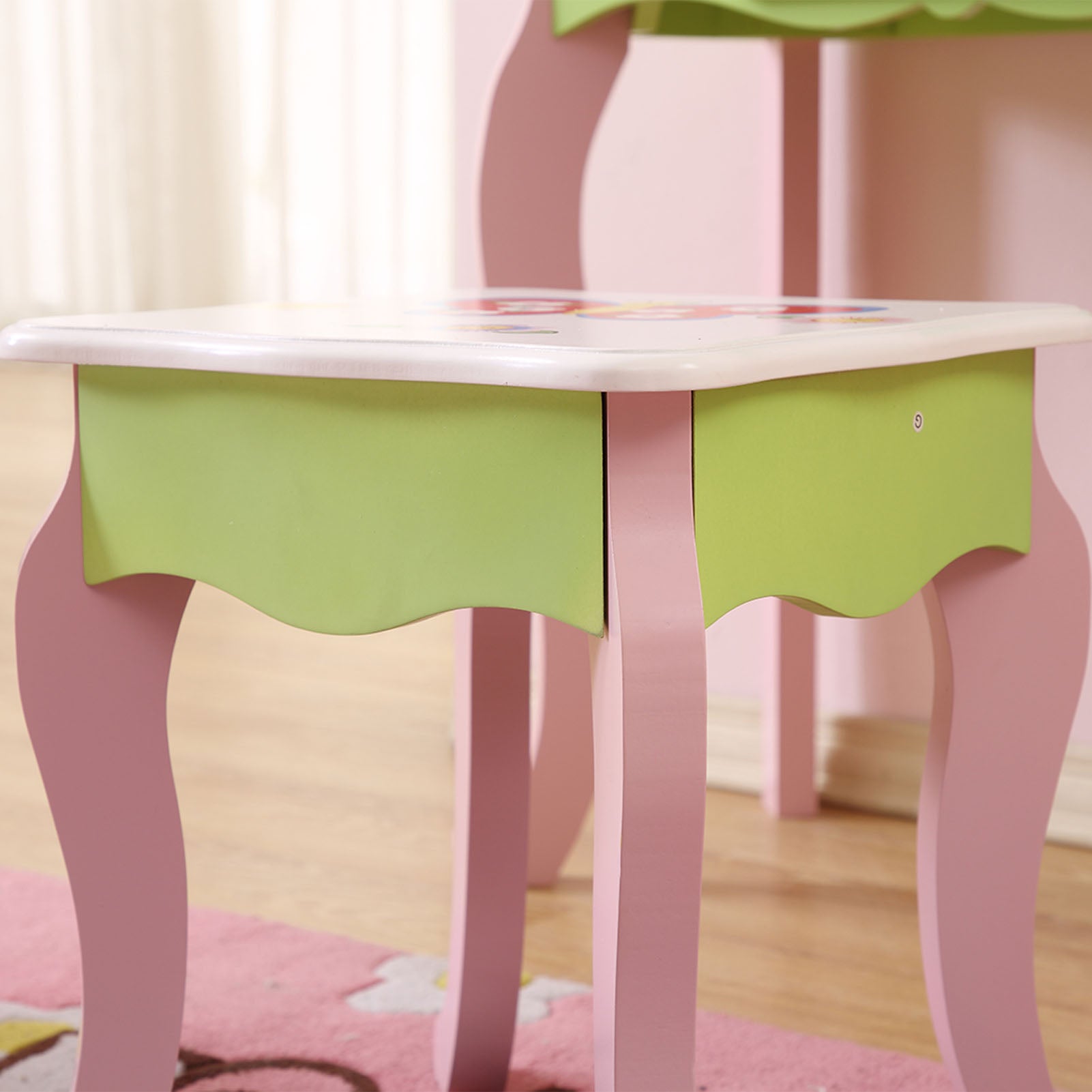 Kids Vanity Set with Mirror Drawer Flower Fairy Design Wooden Toddler Girls Makeup Dressing Table Chair Set for Over 3 Years Kids