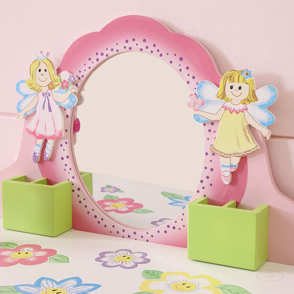 Kids Vanity Set with Mirror Drawer Flower Fairy Design Wooden Toddler Girls Makeup Dressing Table Chair Set for Over 3 Years Kids