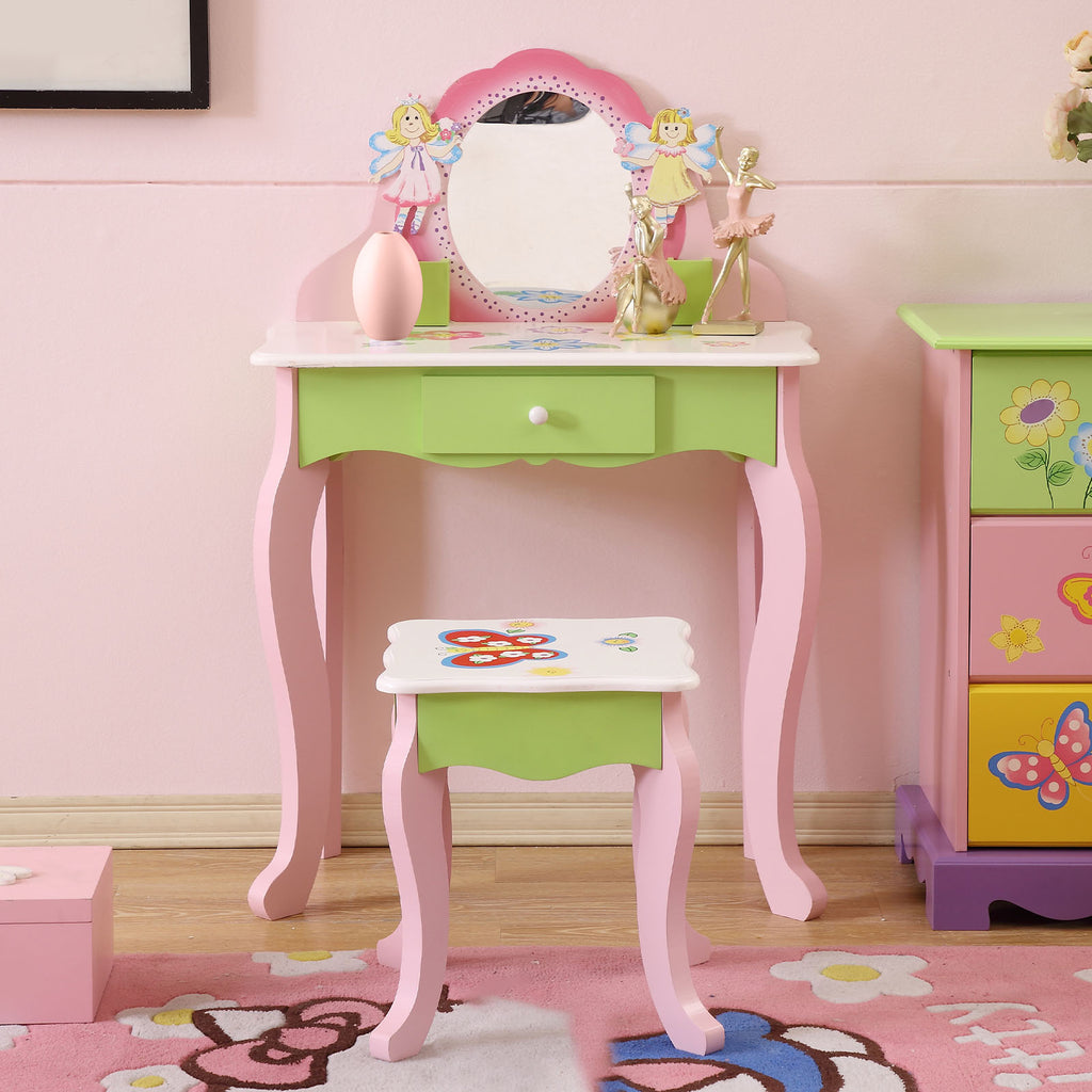 Kids Vanity Set with Mirror Drawer Flower Fairy Design Wooden Toddler Girls Makeup Dressing Table Chair Set for Over 3 Years Kids