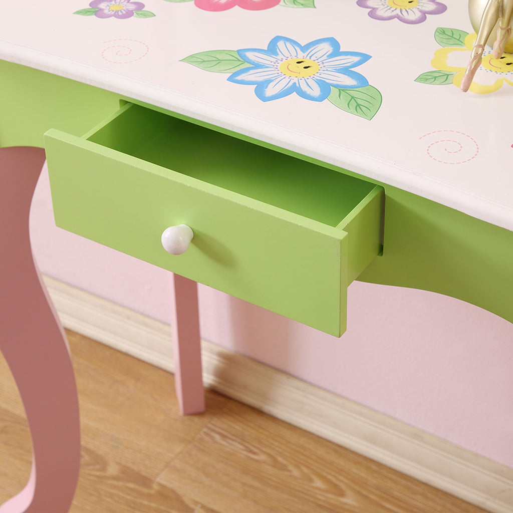Kids Vanity Set with Mirror Drawer Flower Fairy Design Wooden Toddler Girls Makeup Dressing Table Chair Set for Over 3 Years Kids