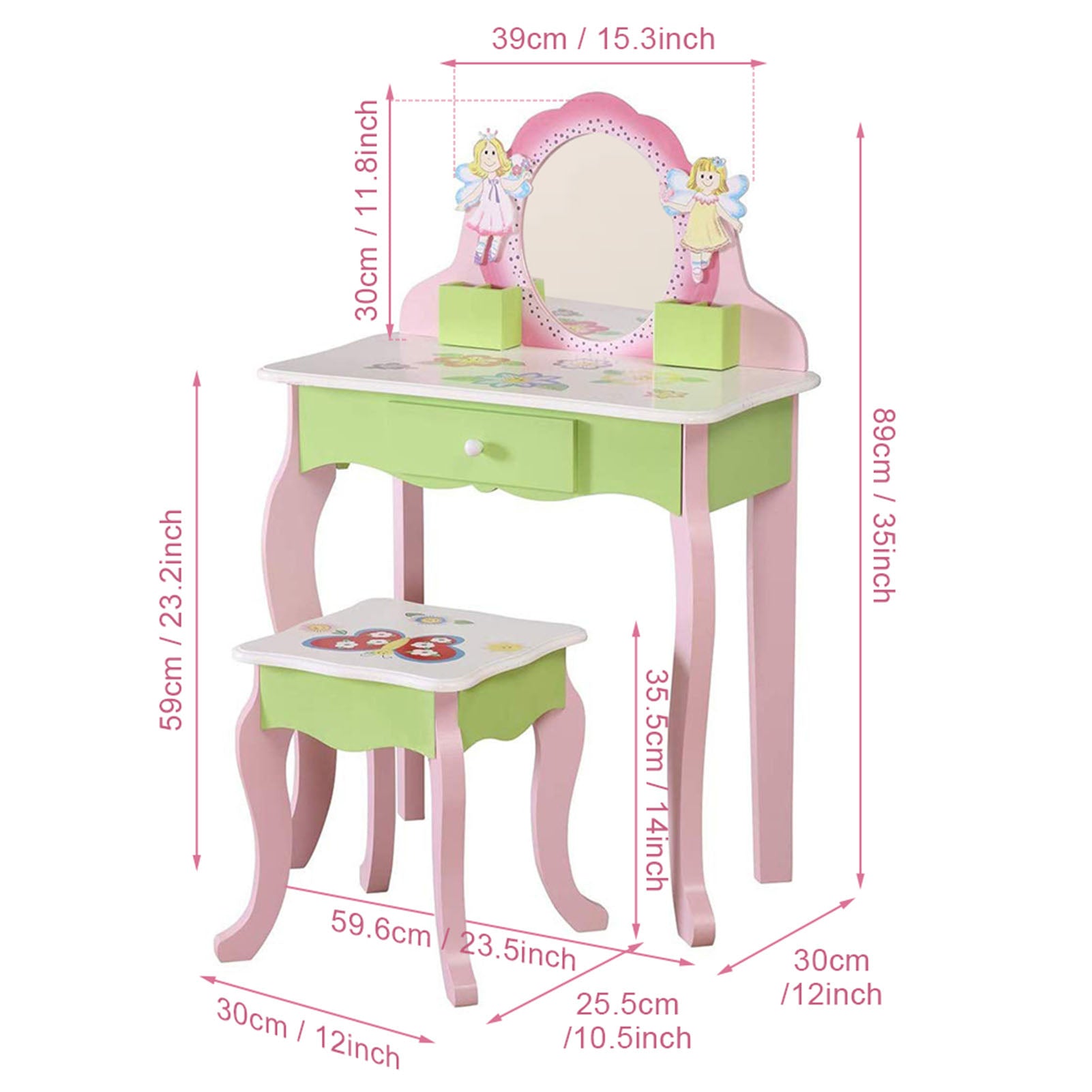 Kids Vanity Set with Mirror Drawer Flower Fairy Design Wooden Toddler Girls Makeup Dressing Table Chair Set for Over 3 Years Kids