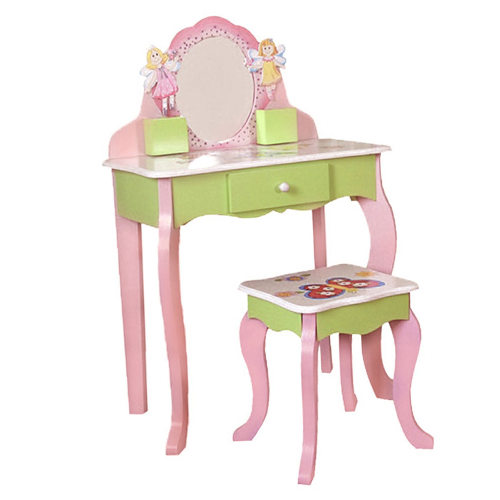 Kids Vanity Set with Mirror Drawer Flower Fairy Design Wooden Toddler Girls Makeup Dressing Table Chair Set for Over 3 Years Kids