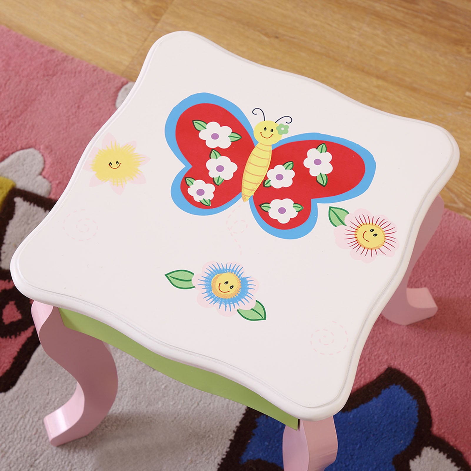 Kids Vanity Set with Mirror Drawer Flower Fairy Design Wooden Toddler Girls Makeup Dressing Table Chair Set for Over 3 Years Kids