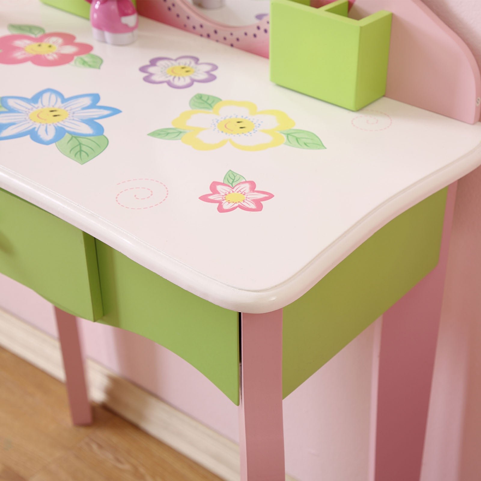 Kids Vanity Set with Mirror Drawer Flower Fairy Design Wooden Toddler Girls Makeup Dressing Table Chair Set for Over 3 Years Kids