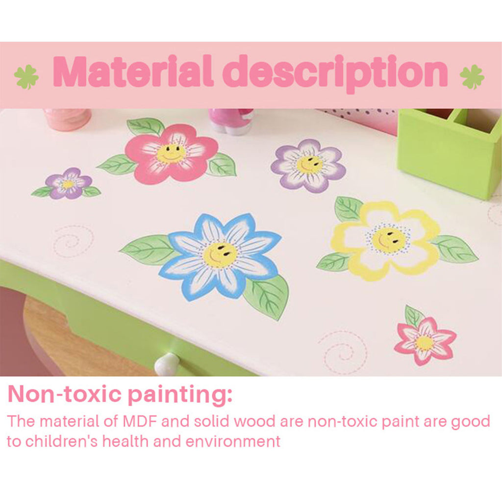 Kids Vanity Set with Mirror Drawer Flower Fairy Design Wooden Toddler Girls Makeup Dressing Table Chair Set for Over 3 Years Kids