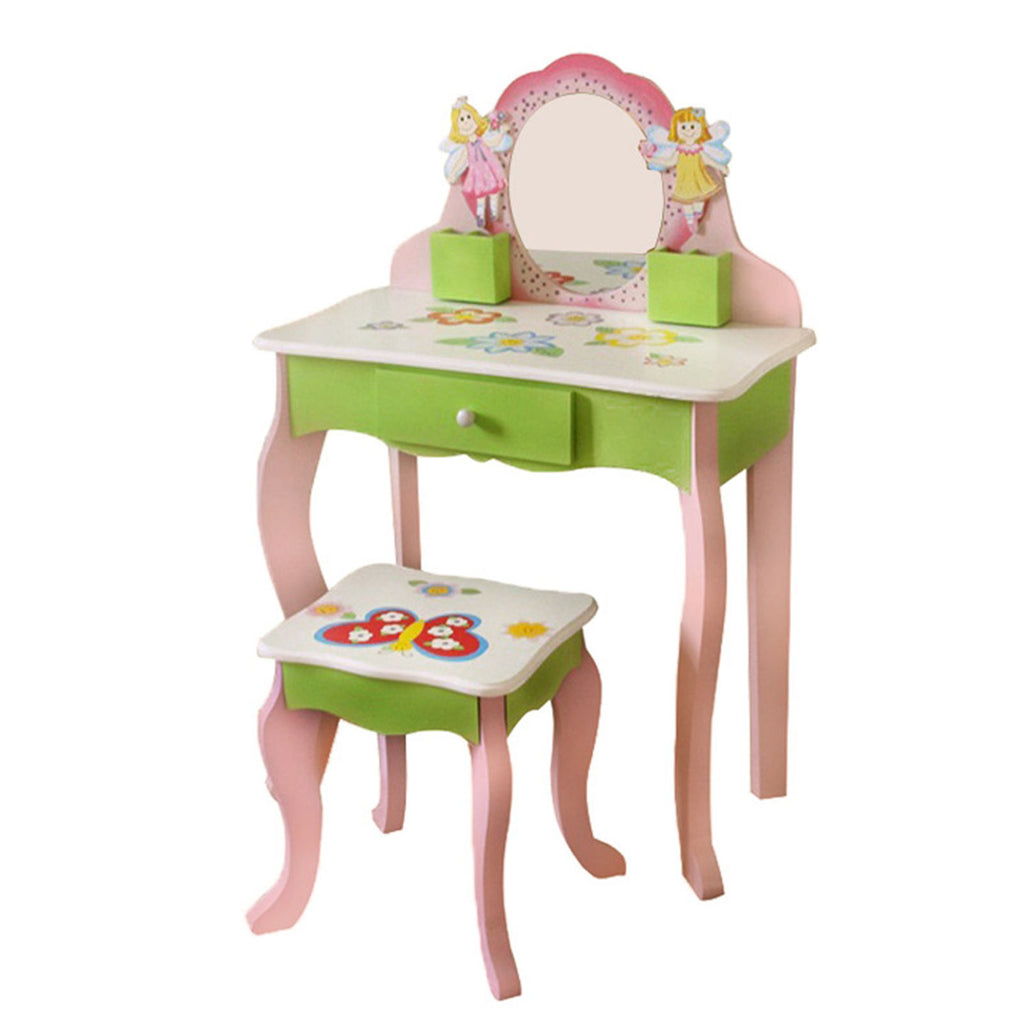 Kids Vanity Set with Mirror Drawer Flower Fairy Design Wooden Toddler Girls Makeup Dressing Table Chair Set for Over 3 Years Kids