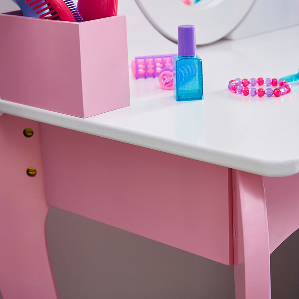 Kids Vanity Set Wooden Makeup Dressing Princess Table with Rotating Mirror and Stool Anti Slip Foot Pads Curved Legs Pink