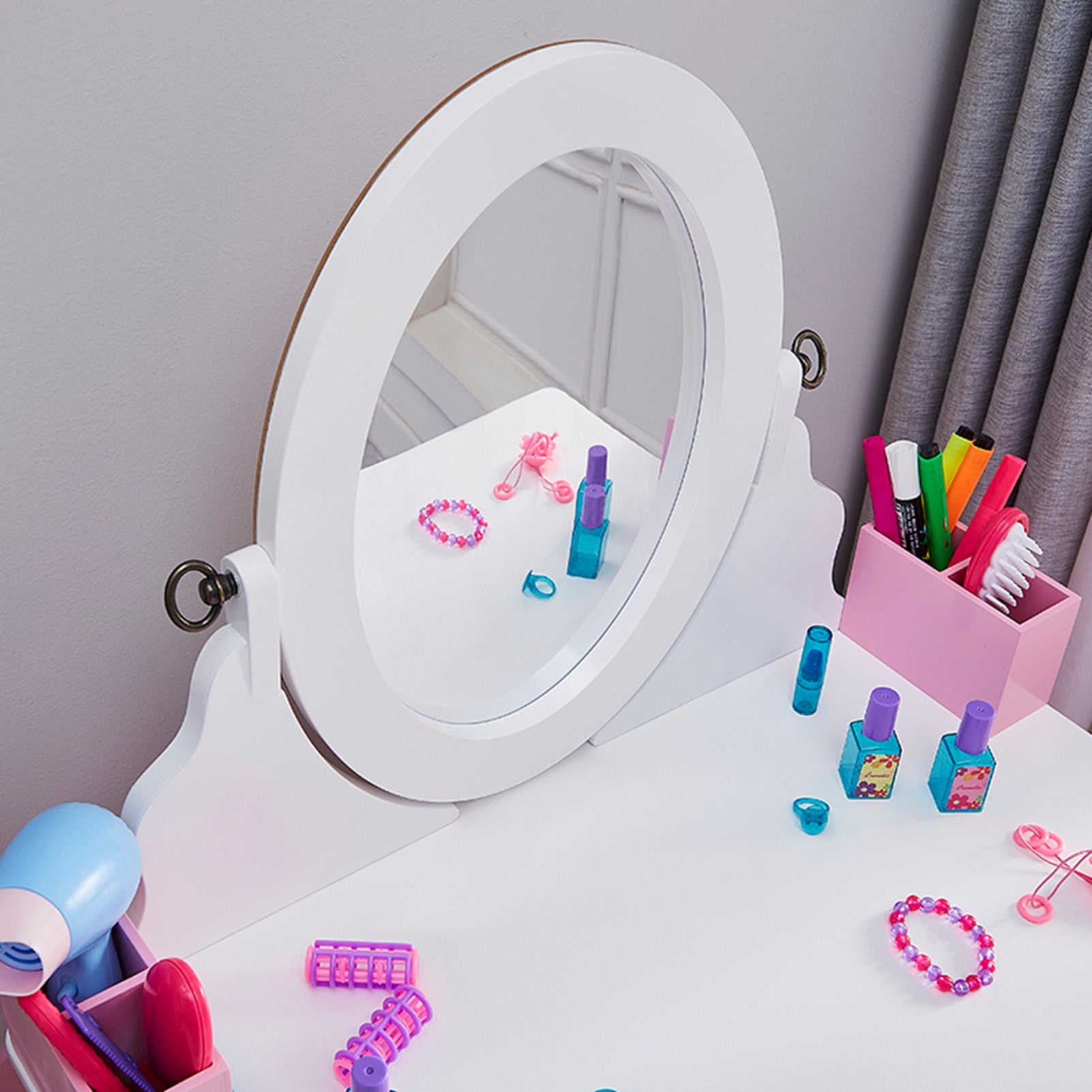 Kids Vanity Set Wooden Makeup Dressing Princess Table with Rotating Mirror and Stool Anti Slip Foot Pads Curved Legs Pink