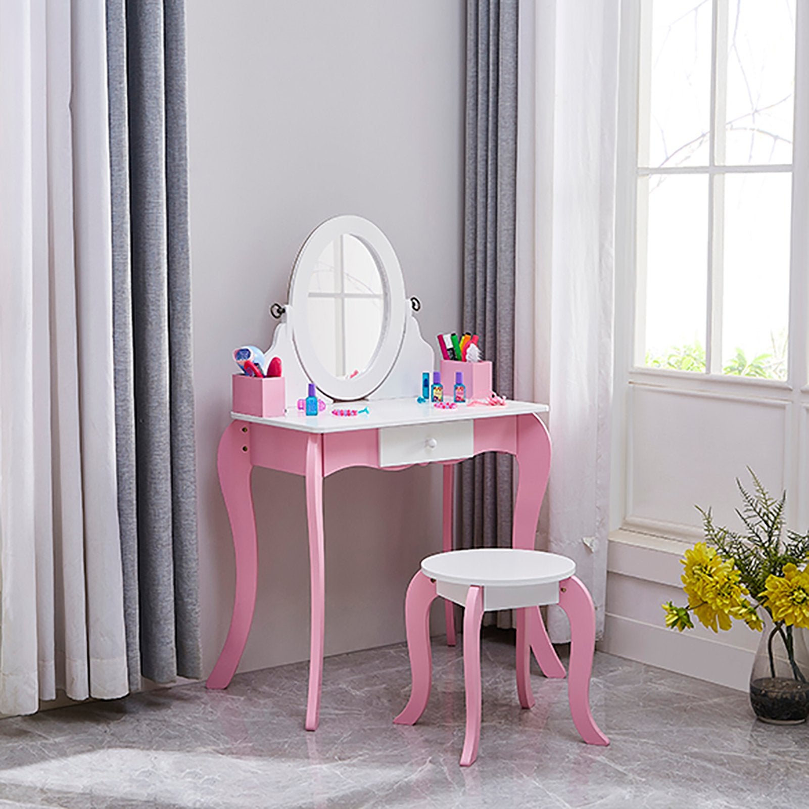 Kids Vanity Set Wooden Makeup Dressing Princess Table with Rotating Mirror and Stool Anti Slip Foot Pads Curved Legs Pink