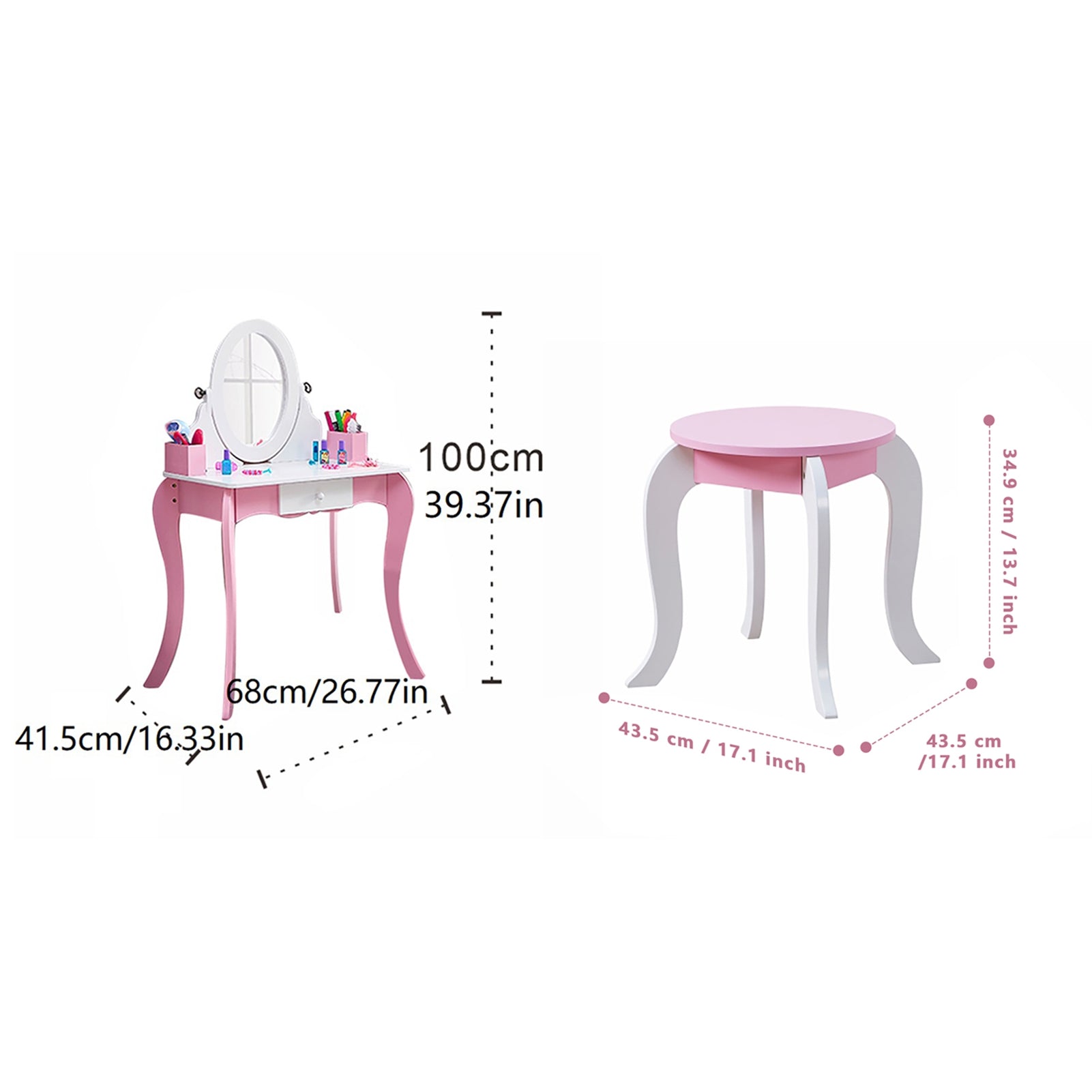 Kids Vanity Set Wooden Makeup Dressing Princess Table with Rotating Mirror and Stool Anti Slip Foot Pads Curved Legs Pink
