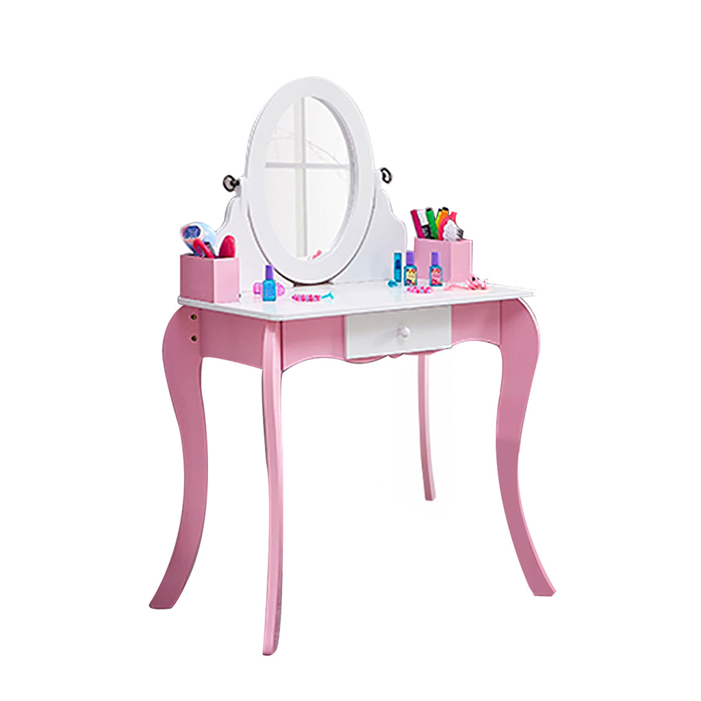 Kids Vanity Set Wooden Makeup Dressing Princess Table with Rotating Mirror and Stool Anti Slip Foot Pads Curved Legs Pink