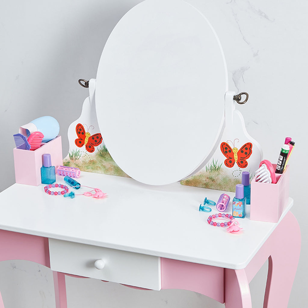 Kids Vanity Set Wooden Makeup Dressing Princess Table with Rotating Mirror and Stool Anti Slip Foot Pads Curved Legs Pink