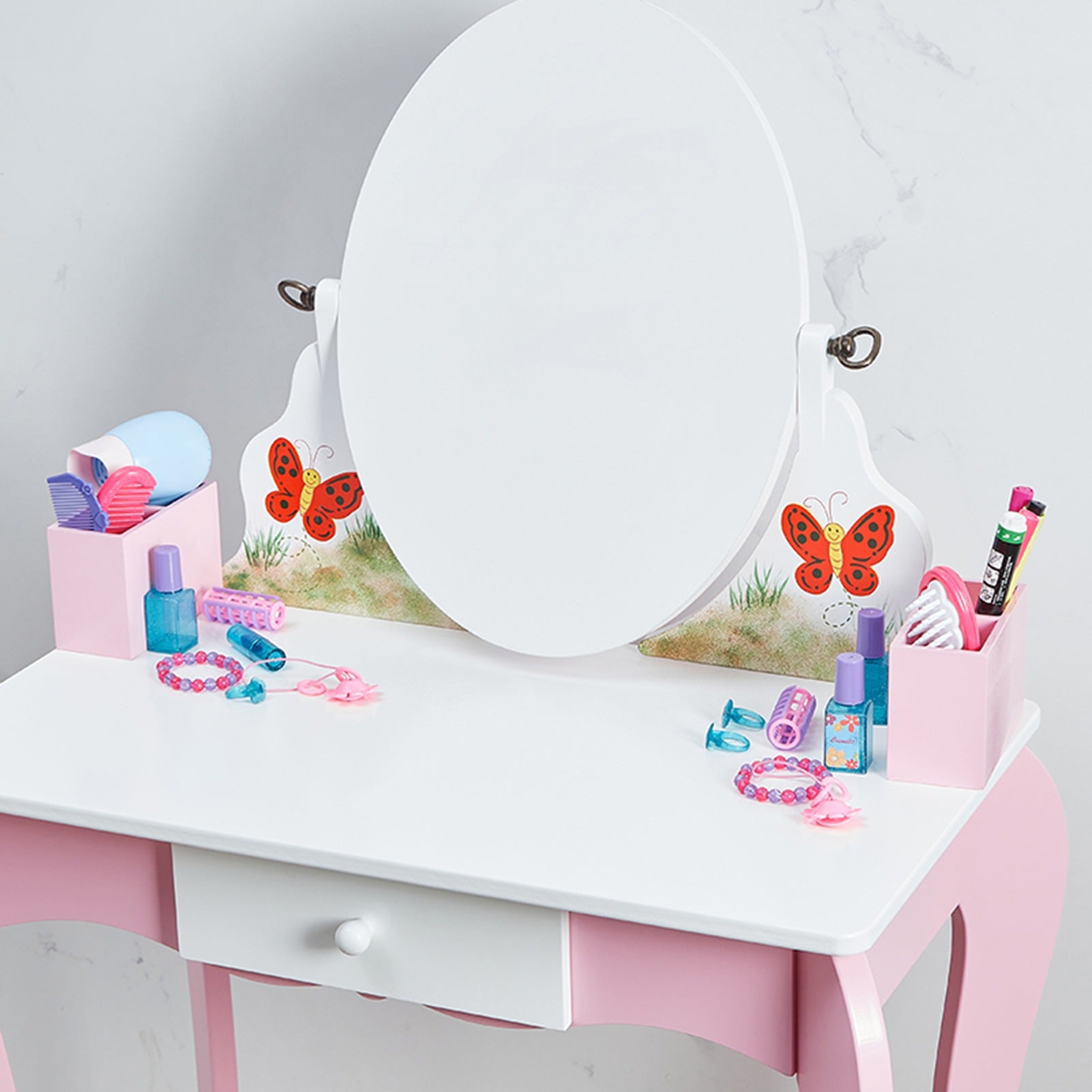 Kids Vanity Set Wooden Makeup Dressing Princess Table with Rotating Mirror and Stool Anti Slip Foot Pads Curved Legs Pink