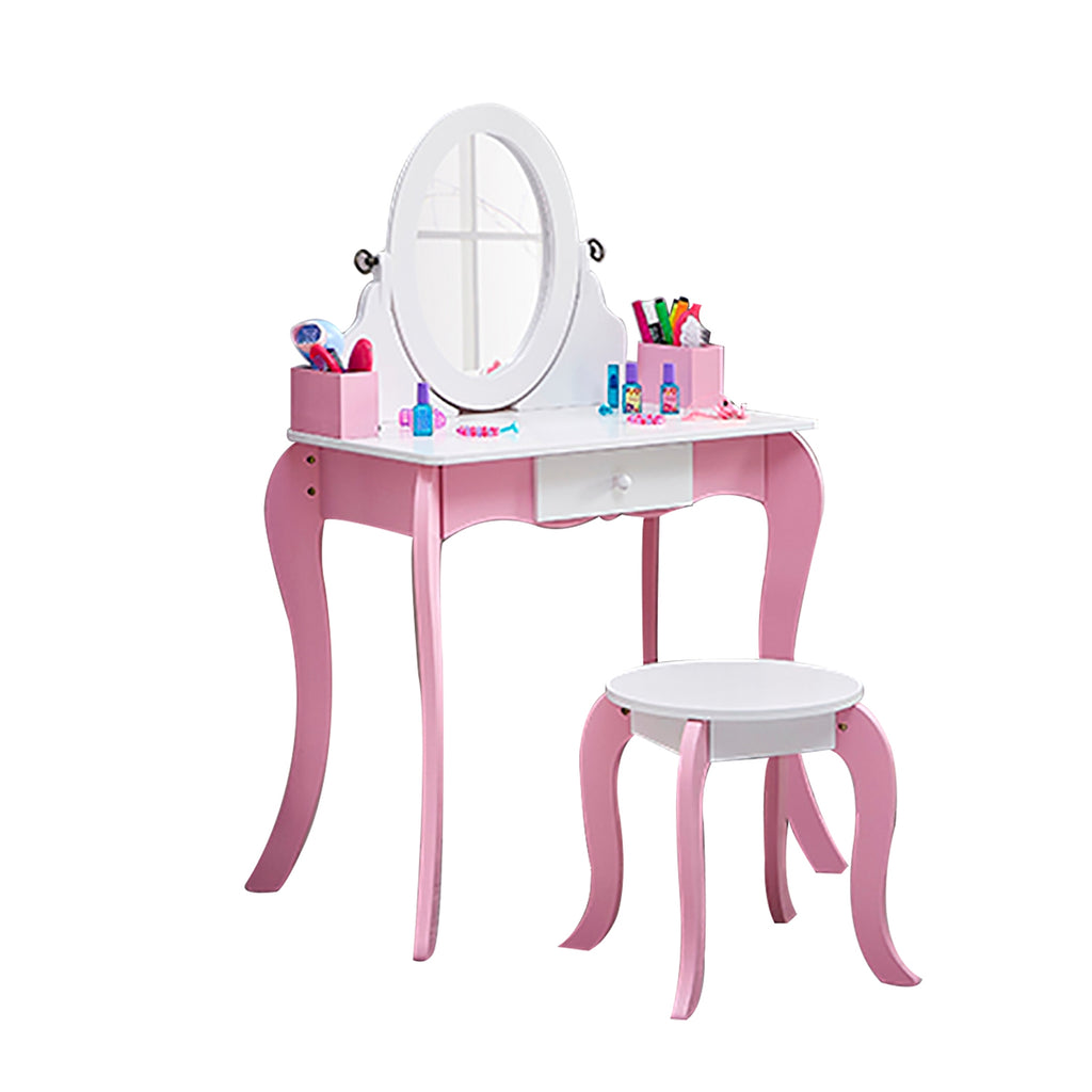 Kids Vanity Set Wooden Makeup Dressing Princess Table with Rotating Mirror and Stool Anti Slip Foot Pads Curved Legs Pink