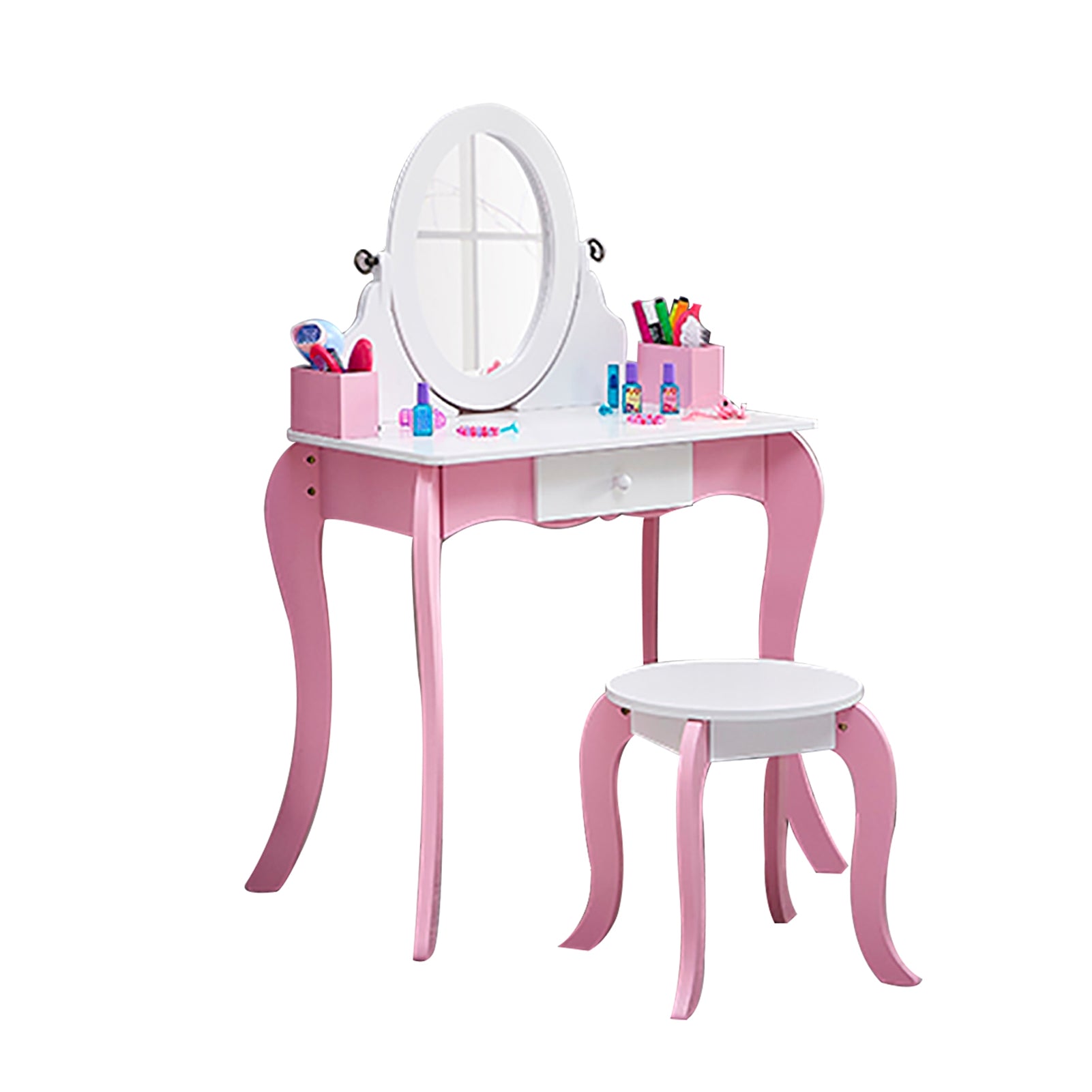 Kids Vanity Set Wooden Makeup Dressing Princess Table with Rotating Mirror and Stool Anti Slip Foot Pads Curved Legs Pink