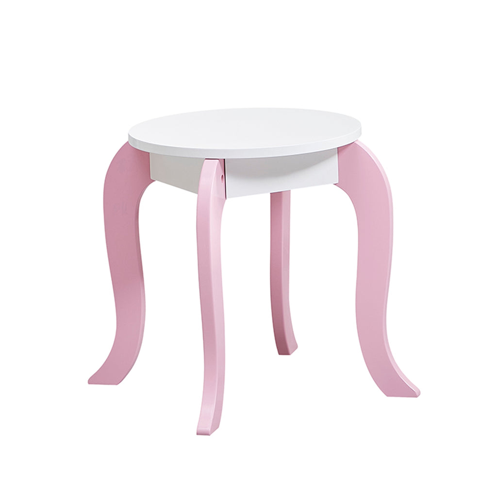 Kids Vanity Set Wooden Makeup Dressing Princess Table with Rotating Mirror and Stool Anti Slip Foot Pads Curved Legs Pink