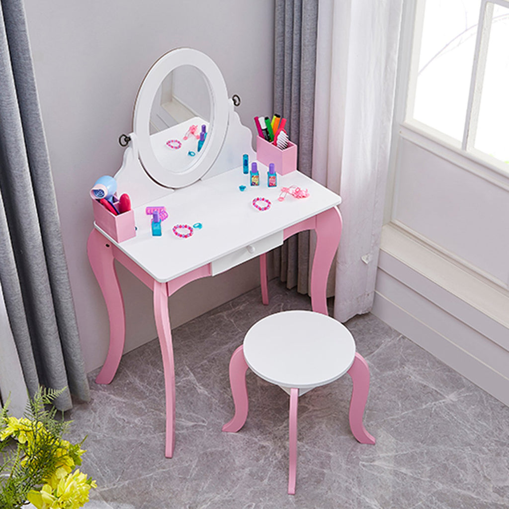 Kids Vanity Set Wooden Makeup Dressing Princess Table with Rotating Mirror and Stool Anti Slip Foot Pads Curved Legs Pink