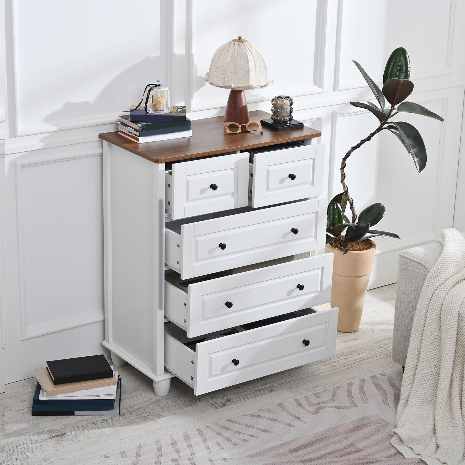 5 Drawer Cabinet for Bedroom MDF Wooden Storage Cabinet Organizer Modern Chest of Drawer for Living Room Hallway White