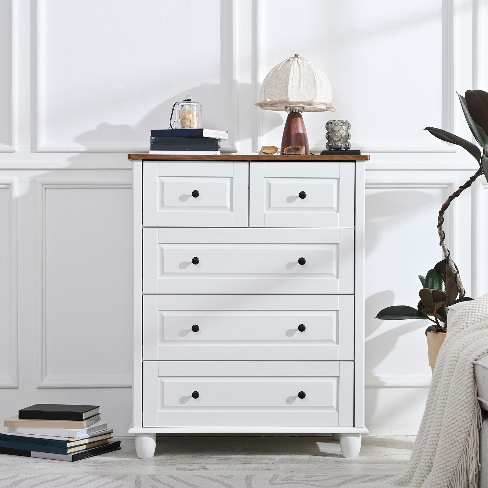 5 Drawer Cabinet for Bedroom MDF Wooden Storage Cabinet Organizer Modern Chest of Drawer for Living Room Hallway White