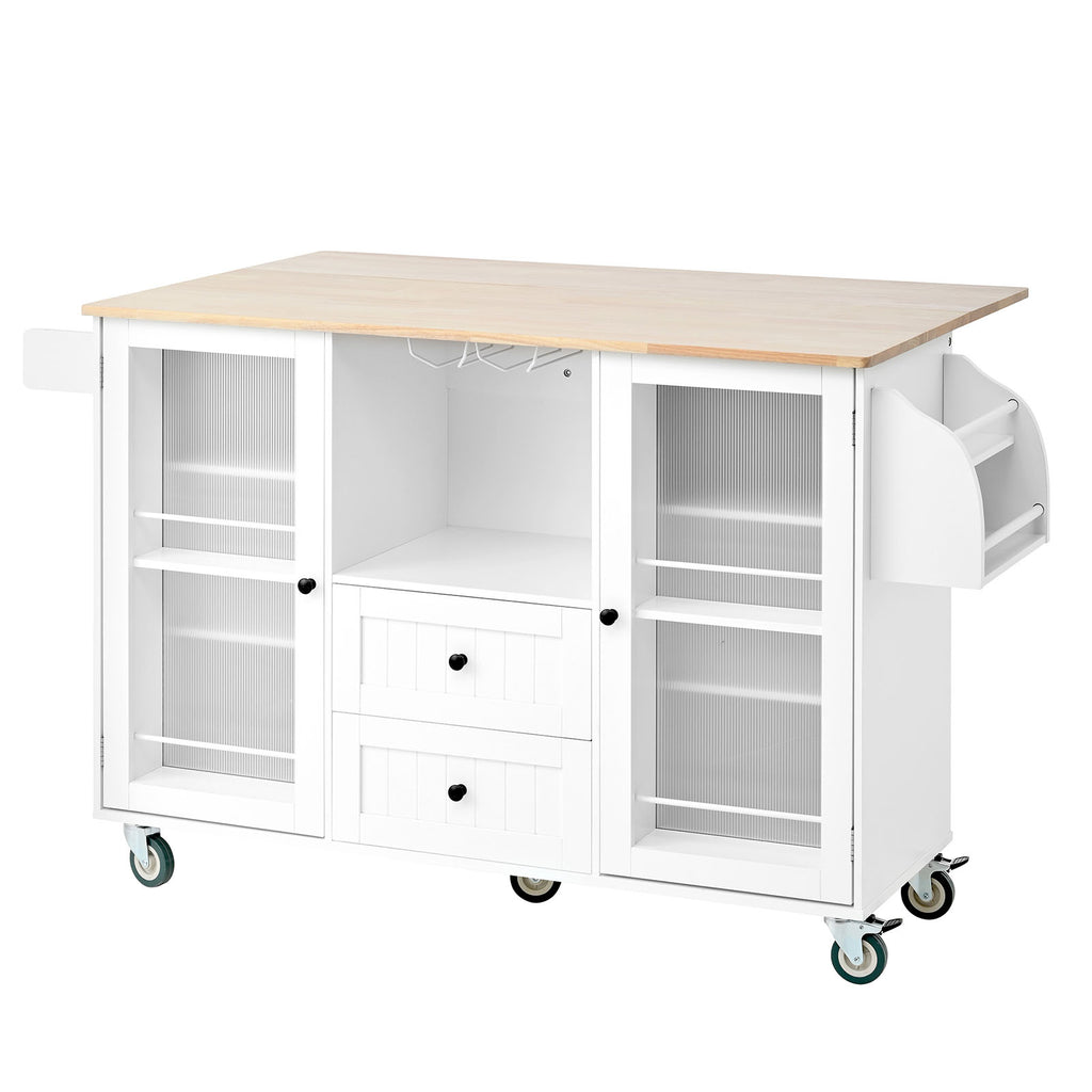 Kitchen Island with Rolling Table On Wheels with Drop Leaf Bar Countertop Side Open Storage Rack White