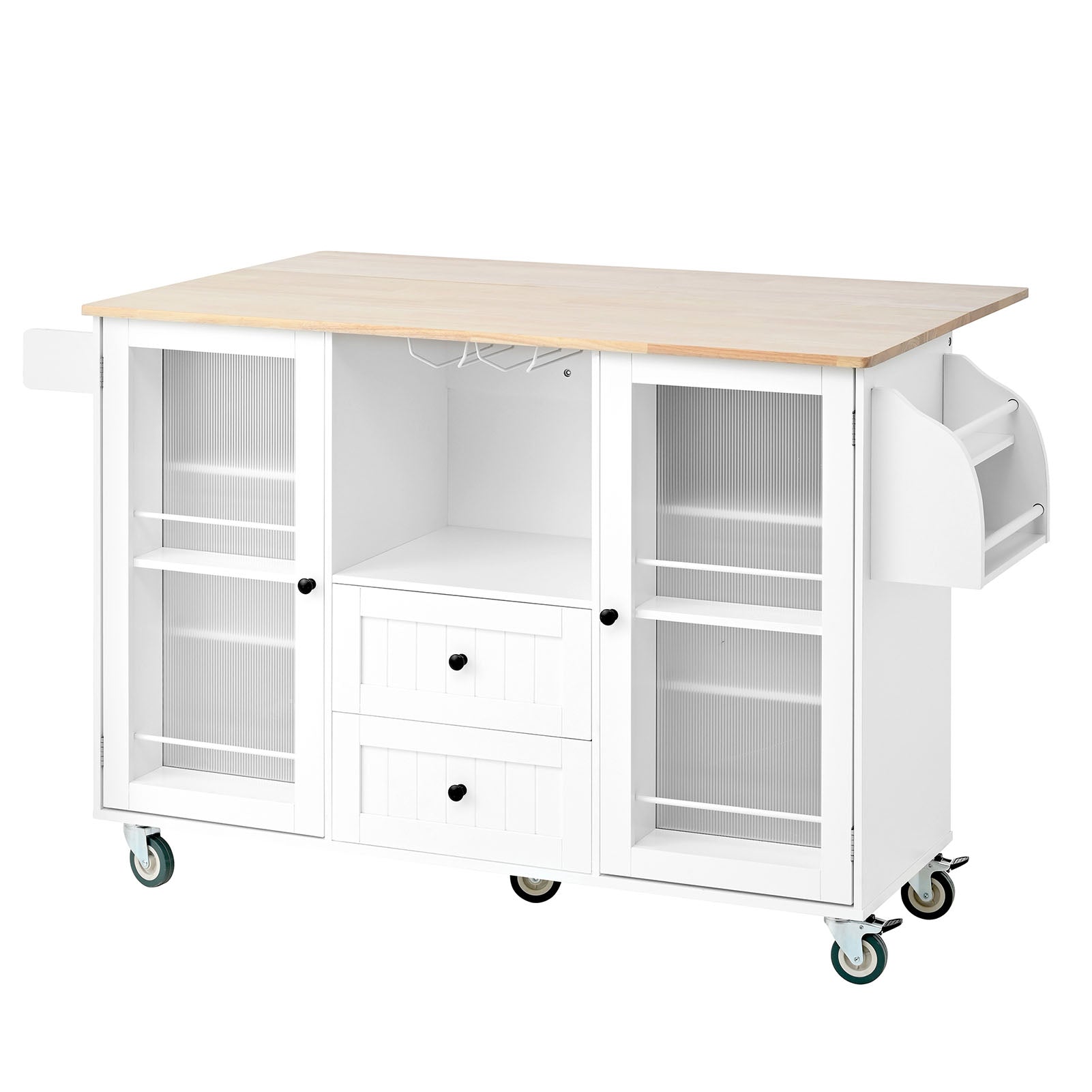Kitchen Island with Rolling Table On Wheels with Drop Leaf Bar Countertop Side Open Storage Rack White