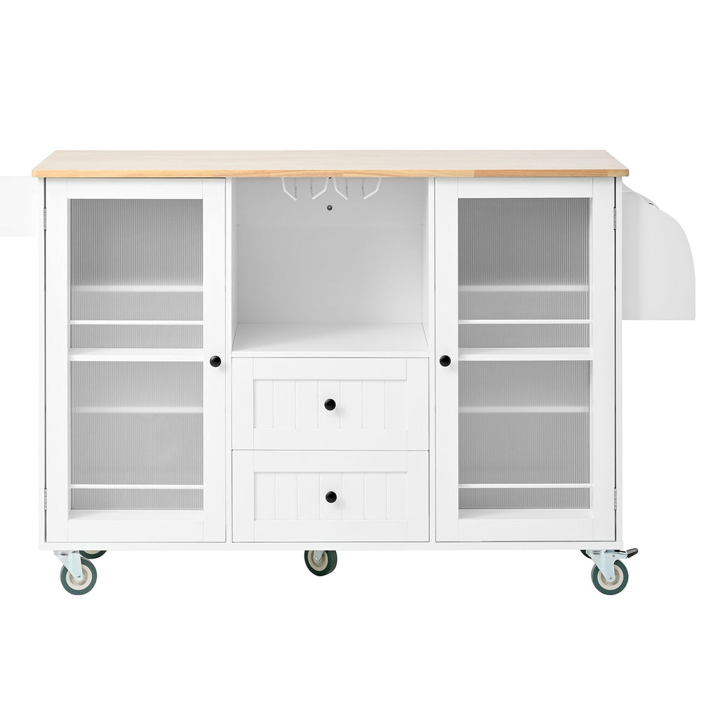 Kitchen Island with Rolling Table On Wheels with Drop Leaf Bar Countertop Side Open Storage Rack White