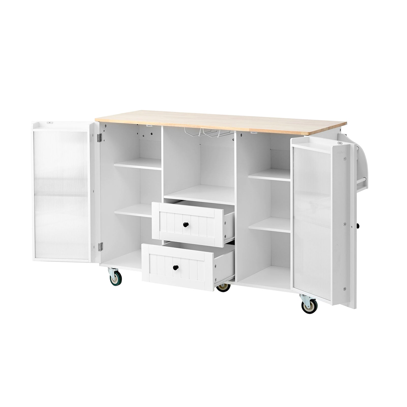 Kitchen Island with Rolling Table On Wheels with Drop Leaf Bar Countertop Side Open Storage Rack White
