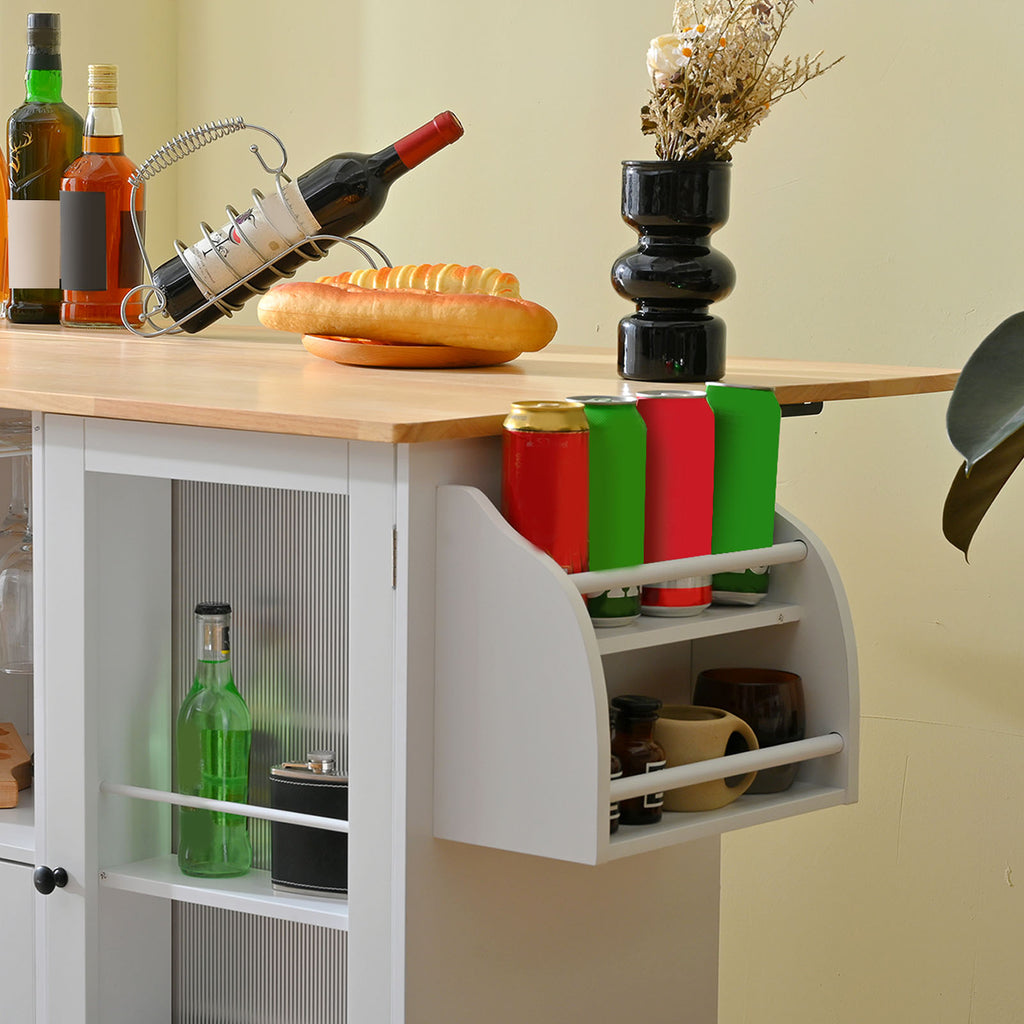 Kitchen Island with Rolling Table On Wheels with Drop Leaf Bar Countertop Side Open Storage Rack White