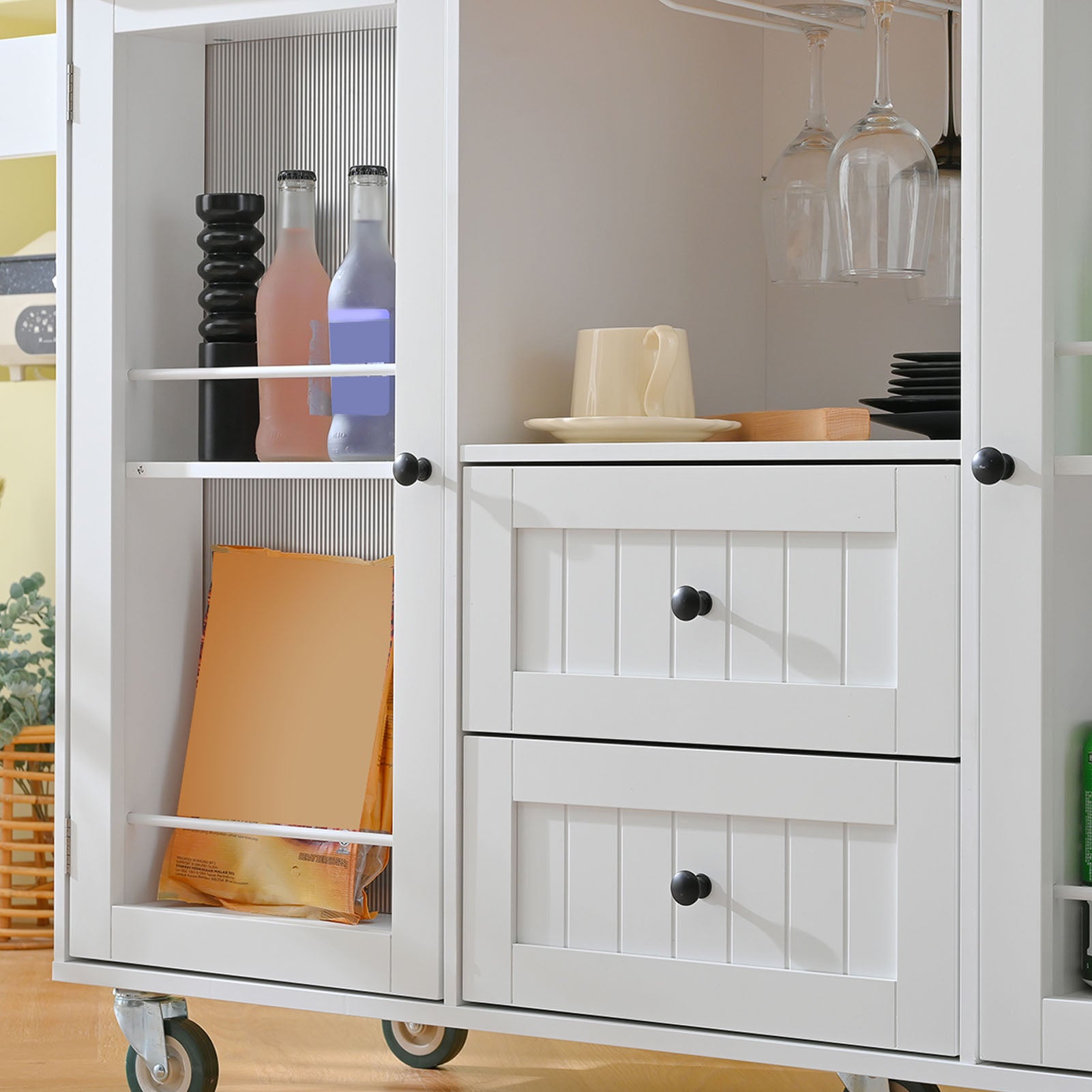 Kitchen Island with Rolling Table On Wheels with Drop Leaf Bar Countertop Side Open Storage Rack White