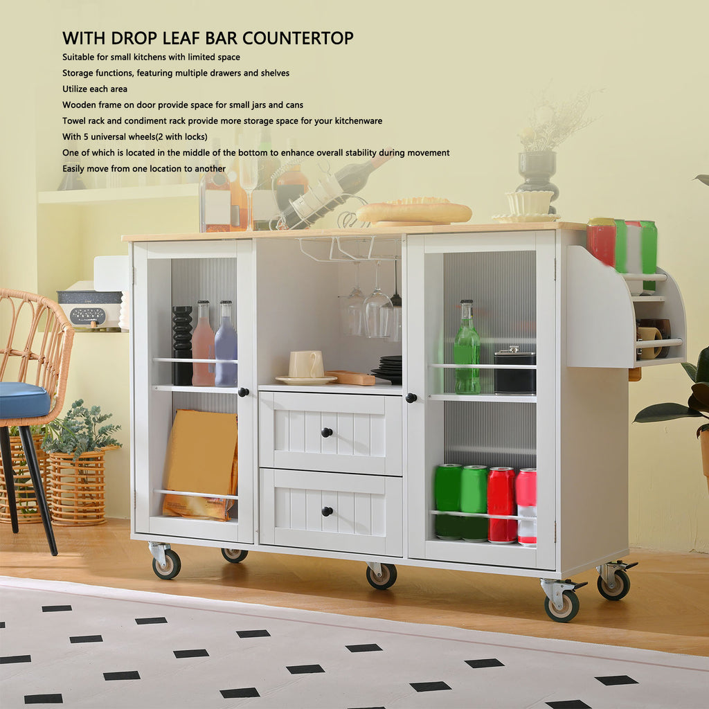 Kitchen Island with Rolling Table On Wheels with Drop Leaf Bar Countertop Side Open Storage Rack White