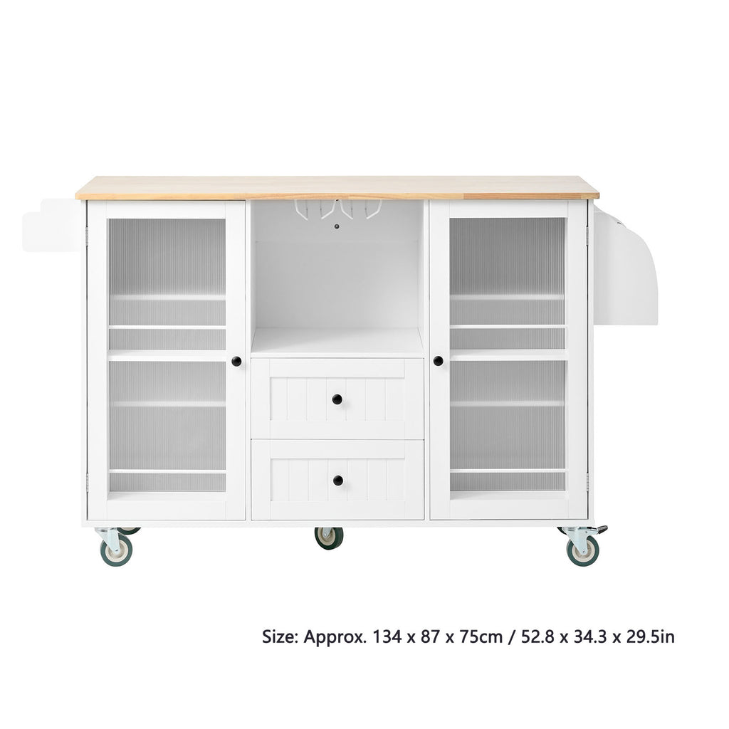 Kitchen Island with Rolling Table On Wheels with Drop Leaf Bar Countertop Side Open Storage Rack White