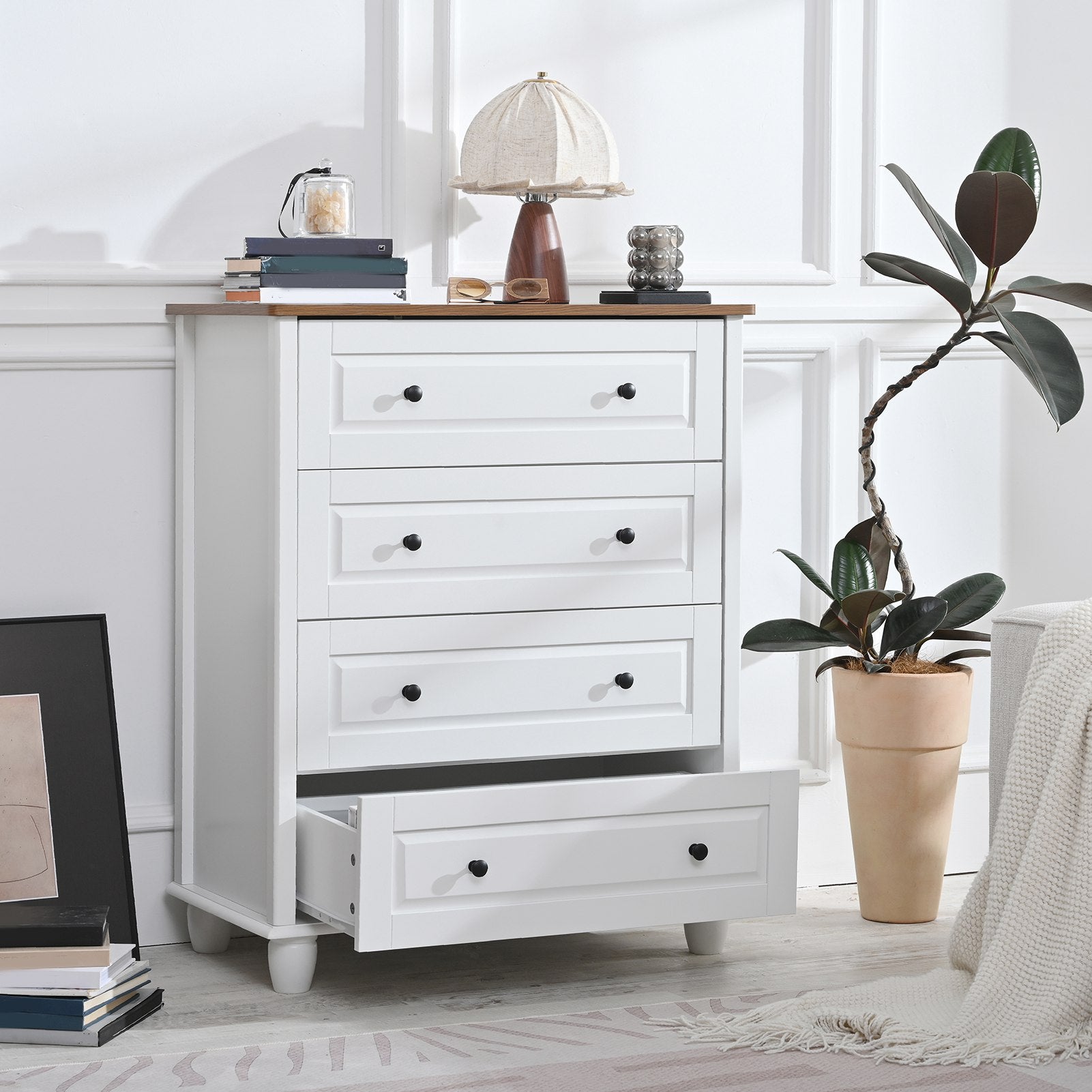 Bedroom White Dresser 4 Drawers Spacious Storage Organizer Chest with Brushed Metal Handle for Living Room