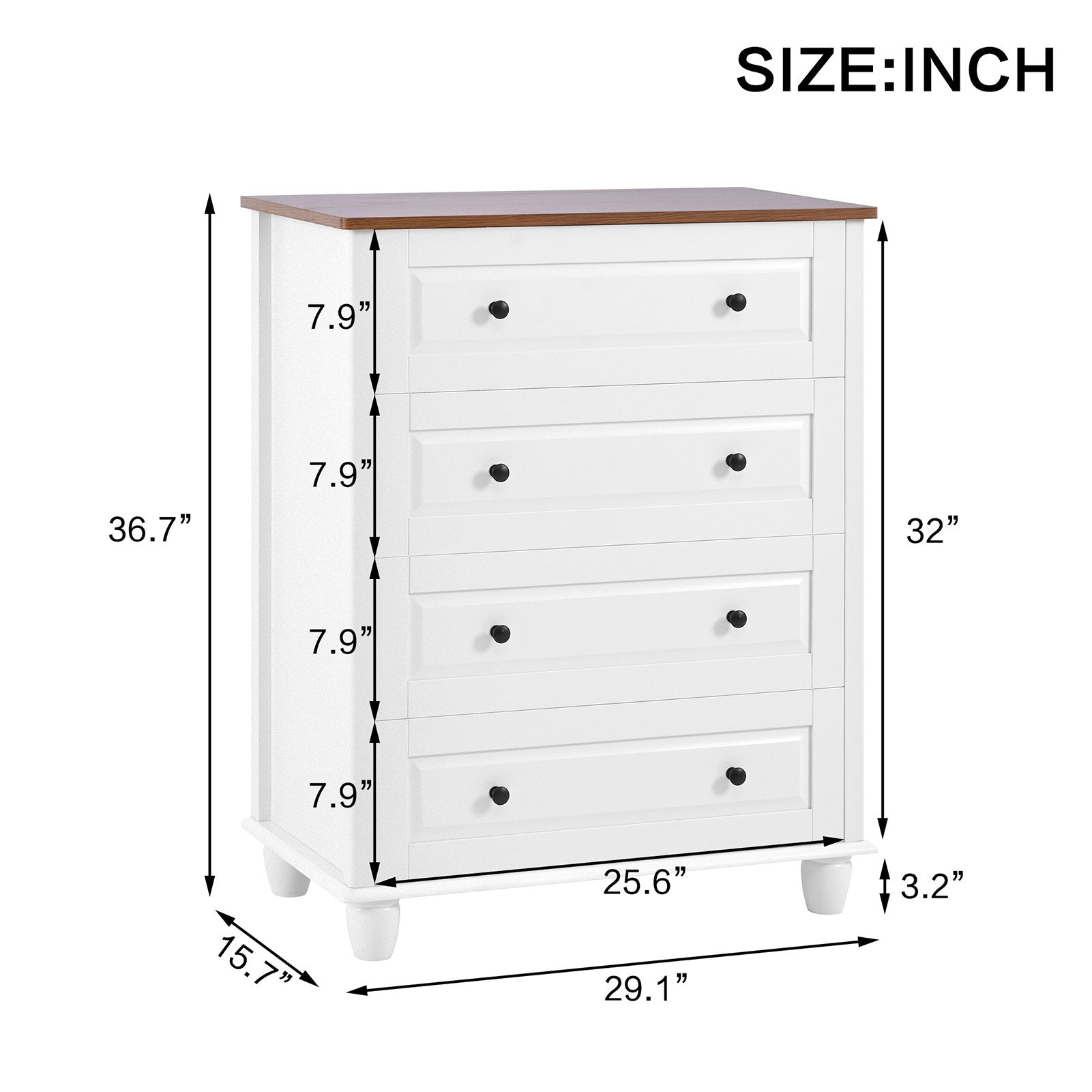 Bedroom White Dresser 4 Drawers Spacious Storage Organizer Chest with Brushed Metal Handle for Living Room