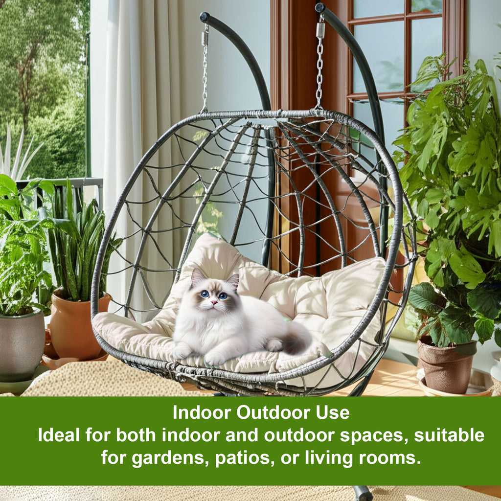Egg Swing Chair with Stand Cushion Strong Load Bearing 2 Person Hanging Wicker Hammock Chair for Indoor Outdoor Garden Patio Beige