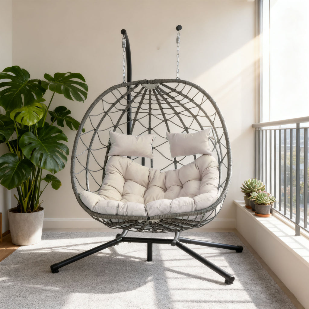 Egg Swing Chair with Stand Cushion Strong Load Bearing 2 Person Hanging Wicker Hammock Chair for Indoor Outdoor Garden Patio Beige